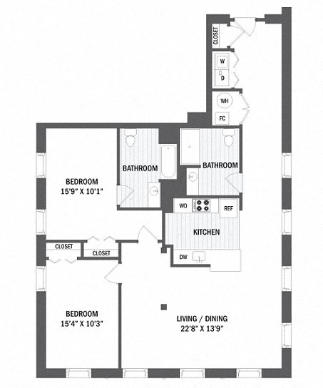 Floor plan for 2 beds, 2 baths, 1310 sqft